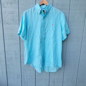 Ralph Lauren Polo Men's 100% Linen Button Down sz L Turquoise Beach Coastal Prep